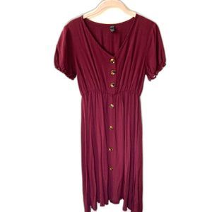 Woman's Burgundy SHEIN Button-Up Mid Length Dress with Elastic Waist - Size M